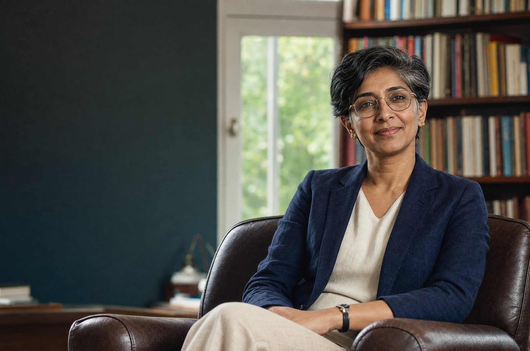 Dr. Maya Iyer seated in her home library
