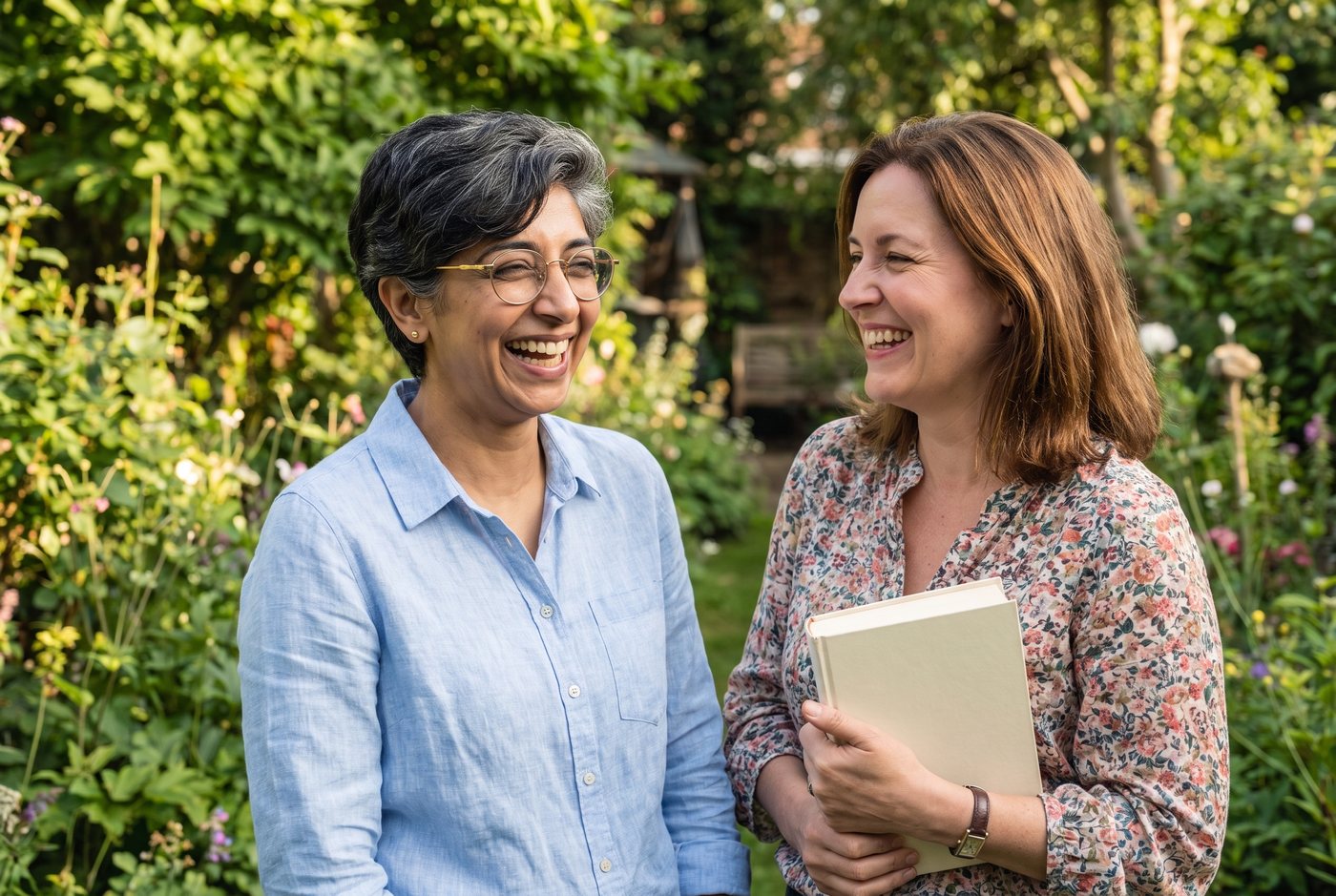 Maya with a reader holding The Rested Mind